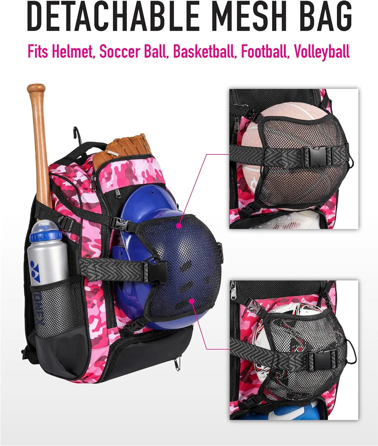 Large Baseball Backpack for Adult Youth 42L Softball Bat Bag with Detachable Adjustable Helmet Mesh Pocket Fit Basketball Soccer Volleyball Baseball Equipment Bag for Men Women 12  Boys Girls