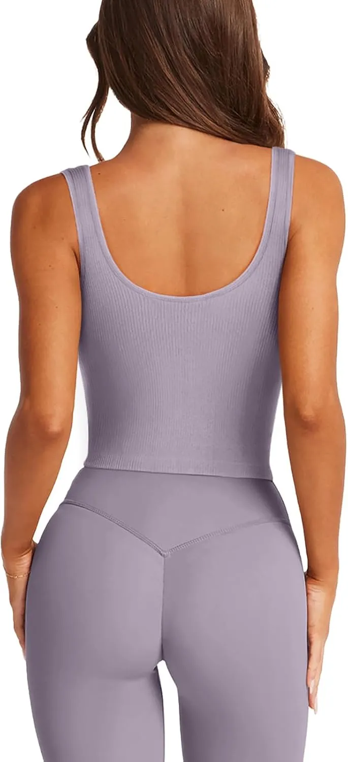 LASLULU Womens Longline Sports Bra Ribbed Seamless Wirefree Padded Tank Tops Medium Support Workout Casual Crop Tops