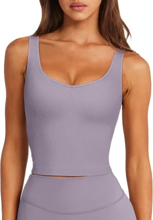 LASLULU Womens Longline Sports Bra Ribbed Seamless Wirefree Padded Tank Tops Medium Support Workout Casual Crop Tops