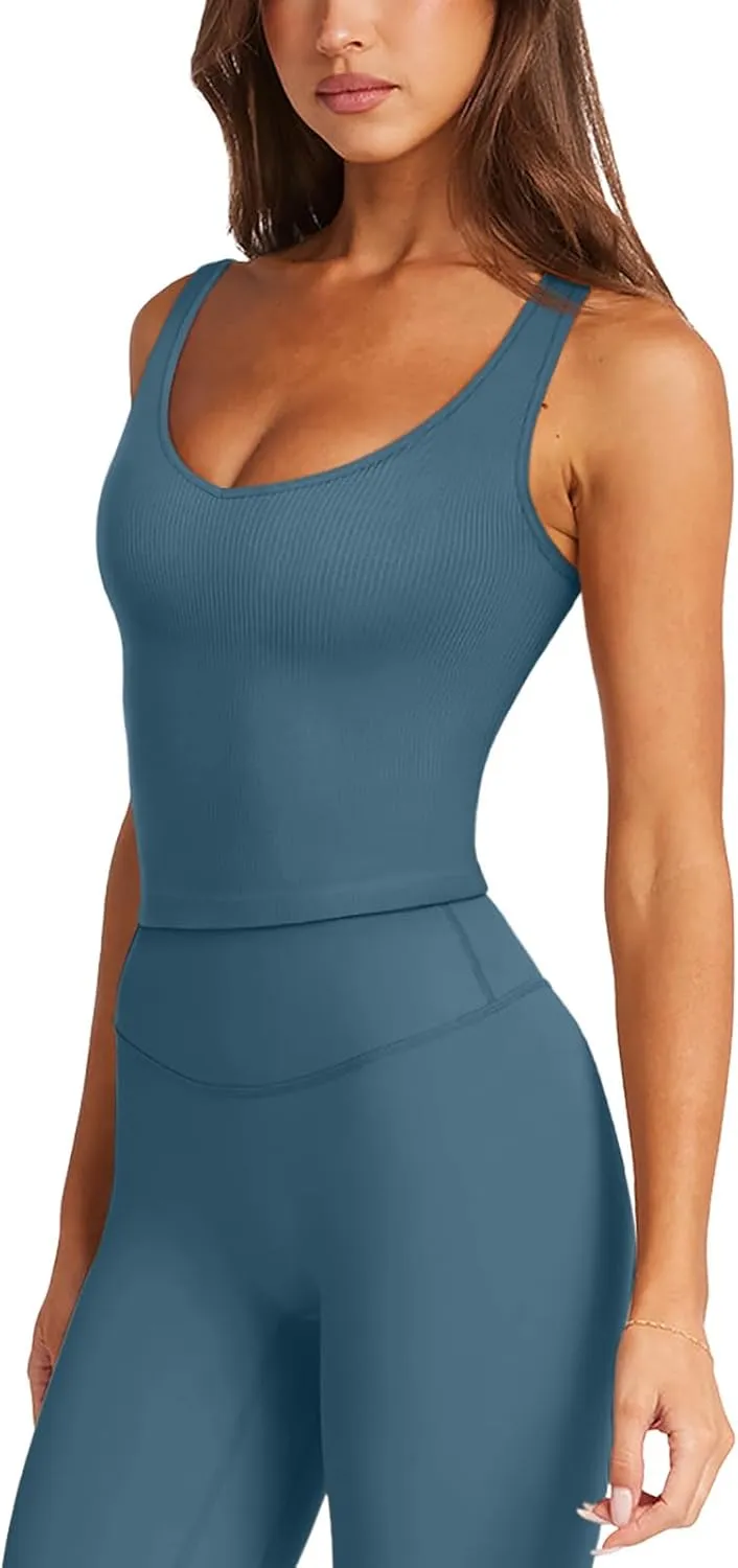 LASLULU Womens Longline Sports Bra Ribbed Seamless Wirefree Padded Tank Tops Medium Support Workout Casual Crop Tops