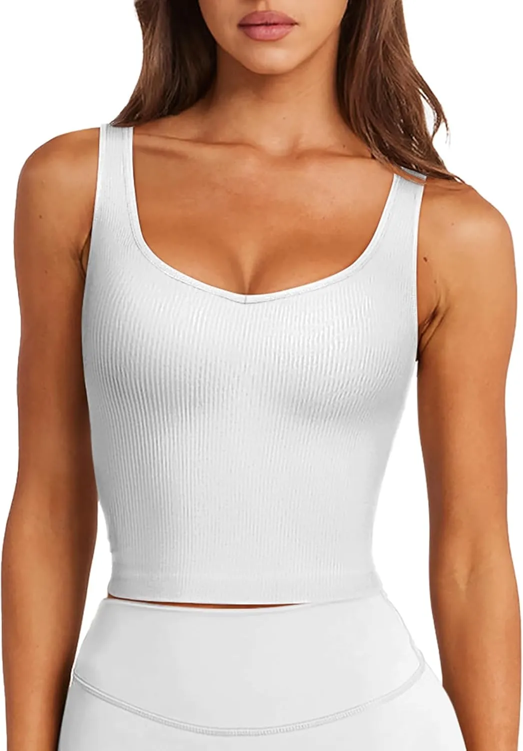 LASLULU Womens Longline Sports Bra Ribbed Seamless Wirefree Padded Tank Tops Medium Support Workout Casual Crop Tops