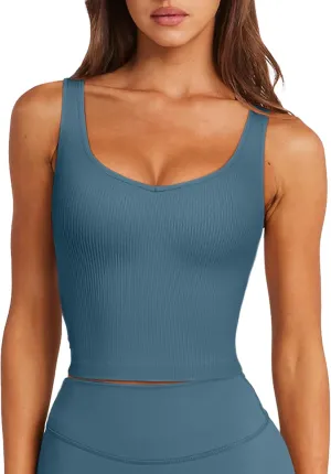 LASLULU Womens Longline Sports Bra Ribbed Seamless Wirefree Padded Tank Tops Medium Support Workout Casual Crop Tops