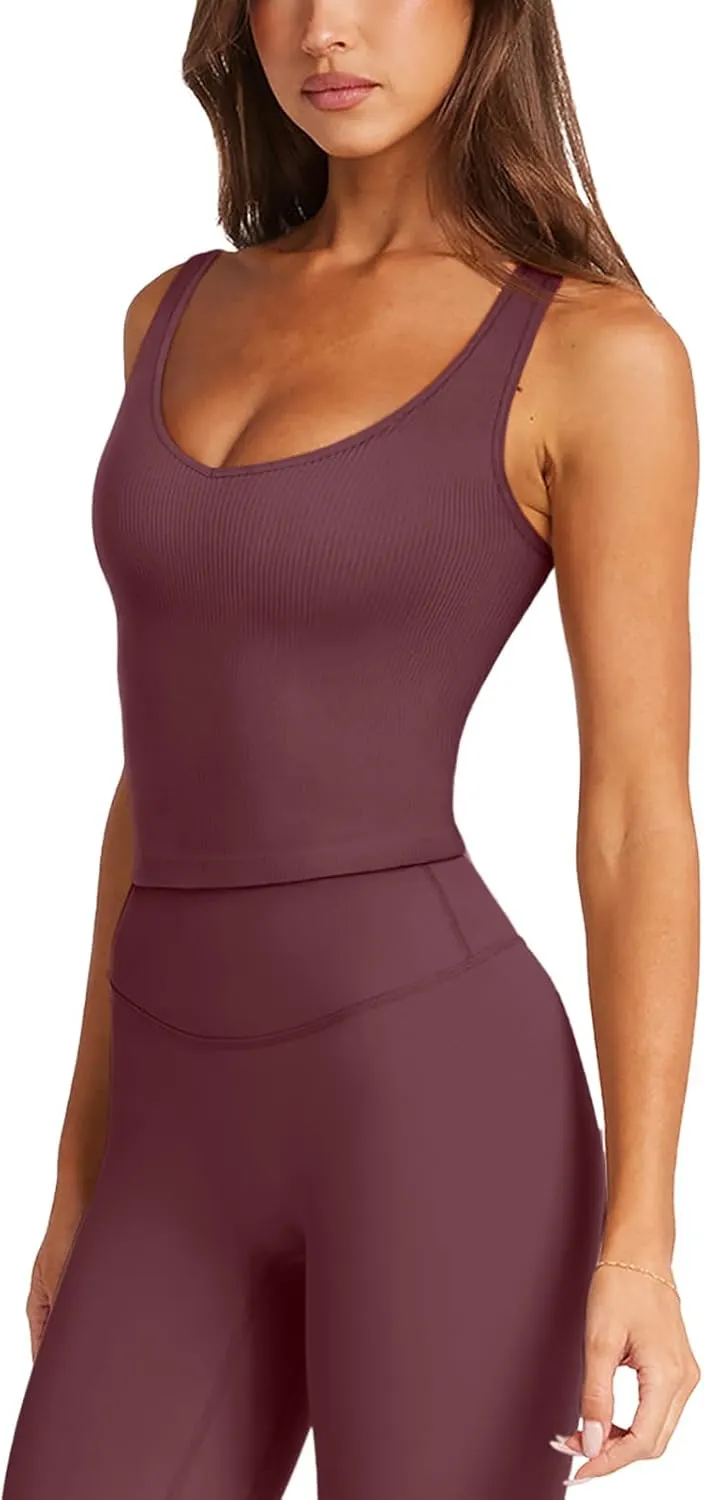 LASLULU Womens Longline Sports Bra Ribbed Seamless Wirefree Padded Tank Tops Medium Support Workout Casual Crop Tops