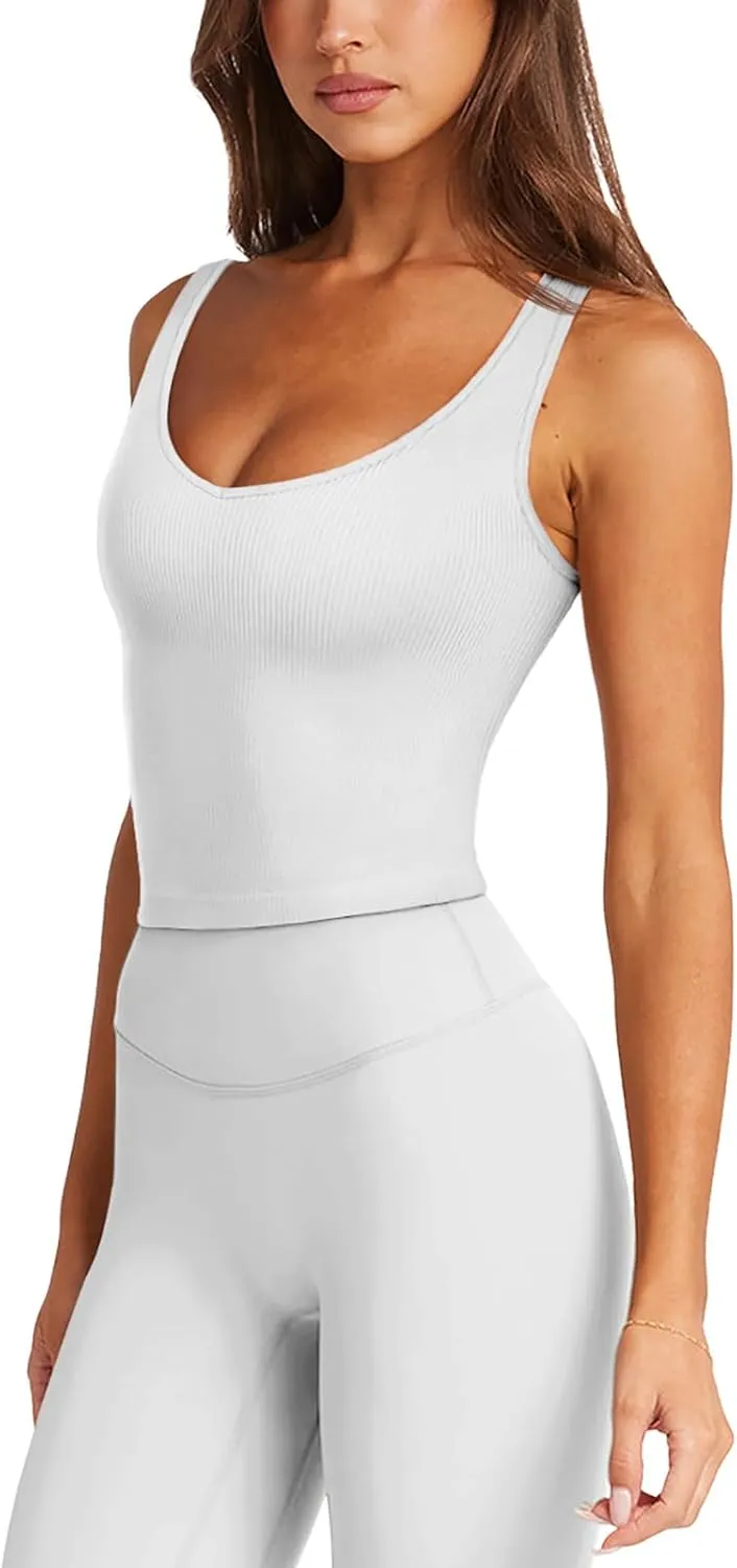 LASLULU Womens Longline Sports Bra Ribbed Seamless Wirefree Padded Tank Tops Medium Support Workout Casual Crop Tops