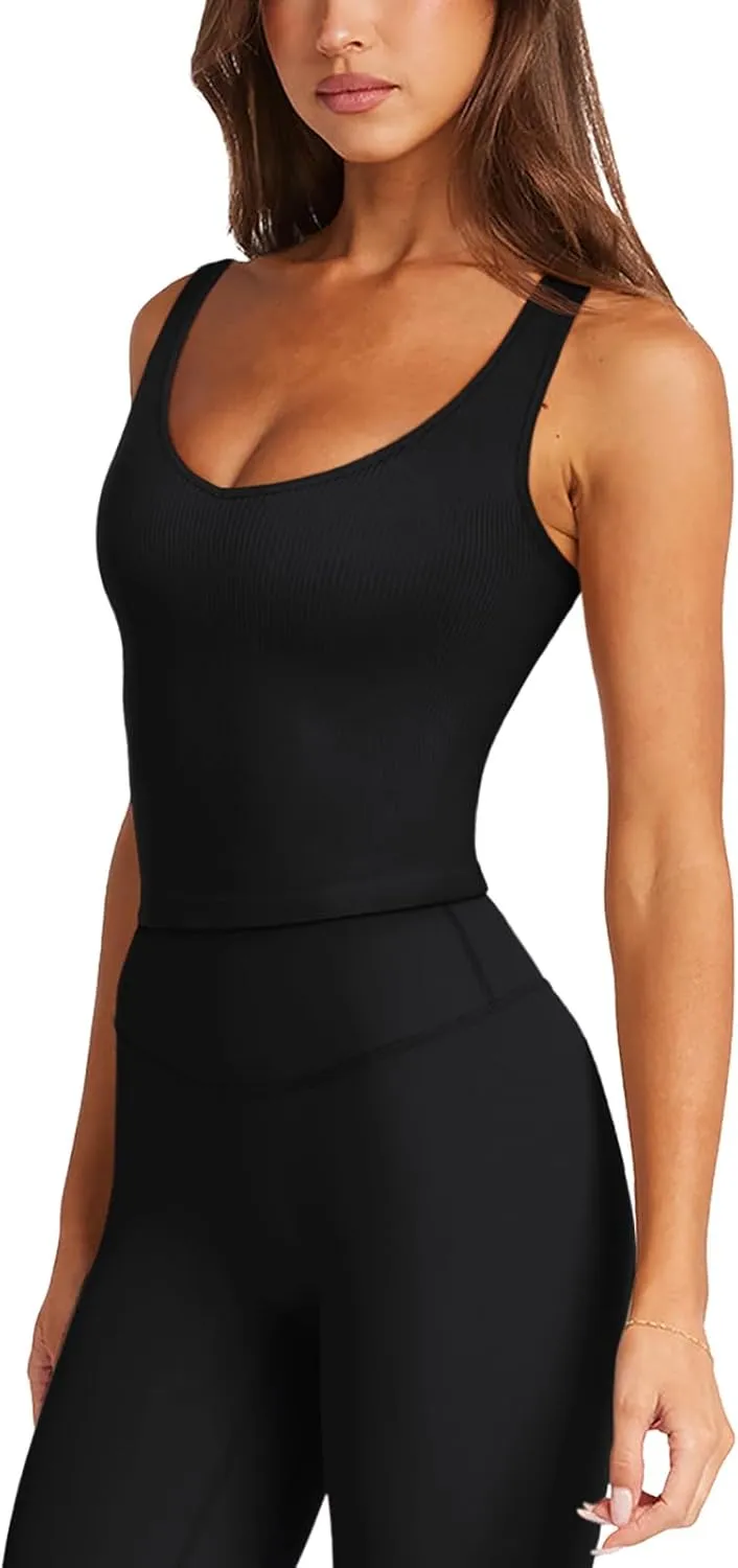 LASLULU Womens Longline Sports Bra Ribbed Seamless Wirefree Padded Tank Tops Medium Support Workout Casual Crop Tops