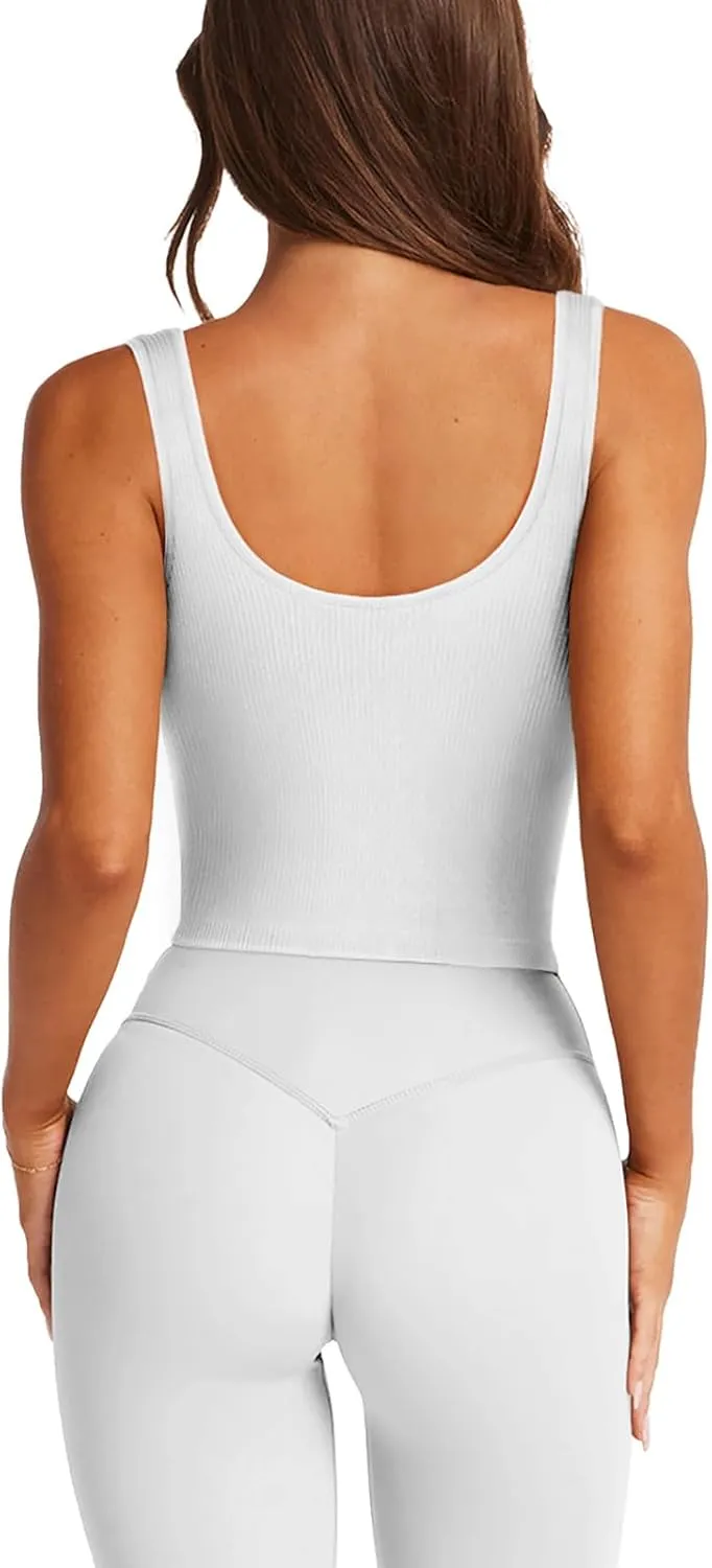 LASLULU Womens Longline Sports Bra Ribbed Seamless Wirefree Padded Tank Tops Medium Support Workout Casual Crop Tops
