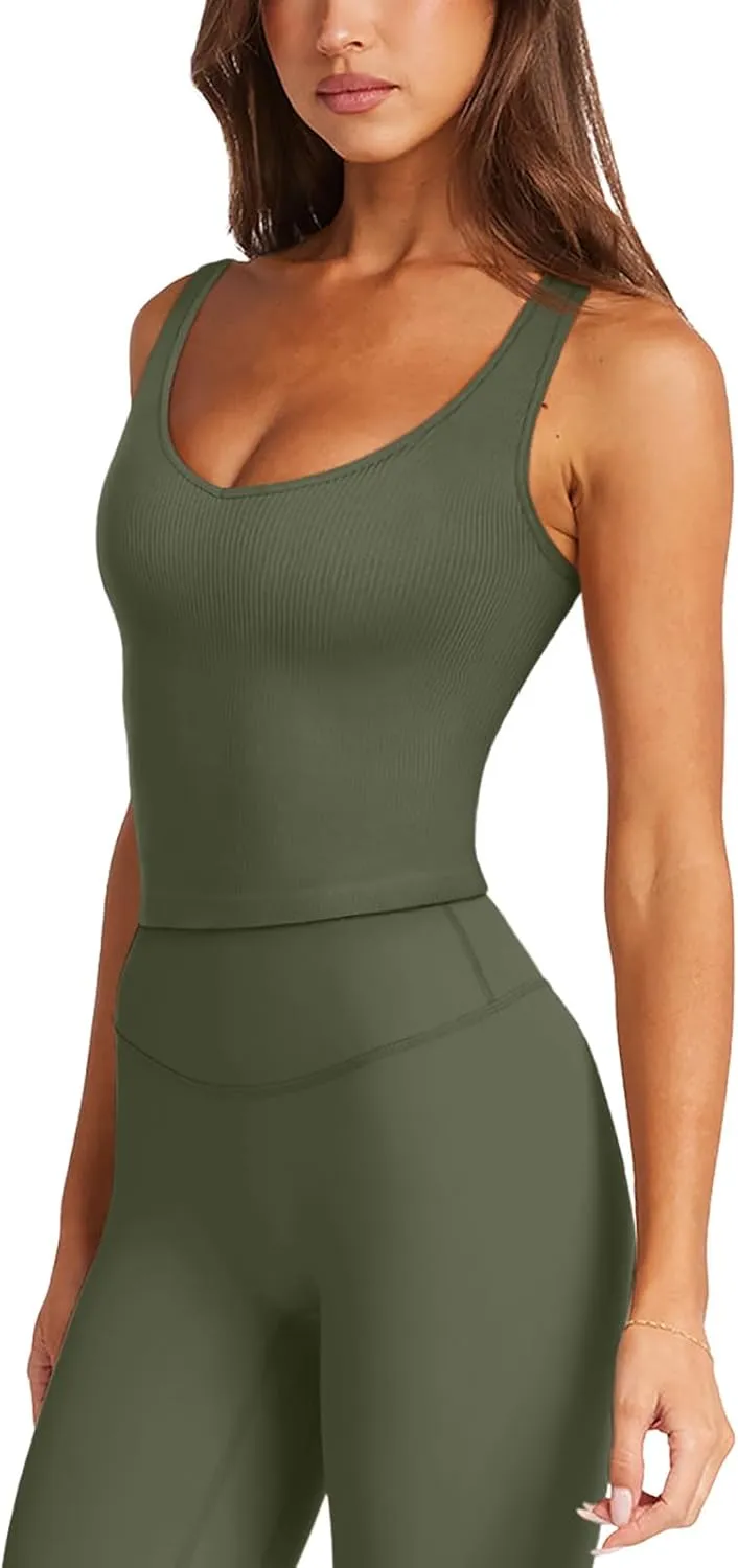 LASLULU Womens Longline Sports Bra Ribbed Seamless Wirefree Padded Tank Tops Medium Support Workout Casual Crop Tops