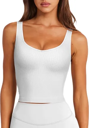 LASLULU Womens Longline Sports Bra Ribbed Seamless Wirefree Padded Tank Tops Medium Support Workout Casual Crop Tops