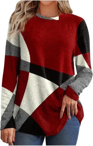 Lastesso Long Sleeve Tops for Women Fashion Irregular Color Block Print Shirts Comfy Crewneck Oversized Pullover Outfits
