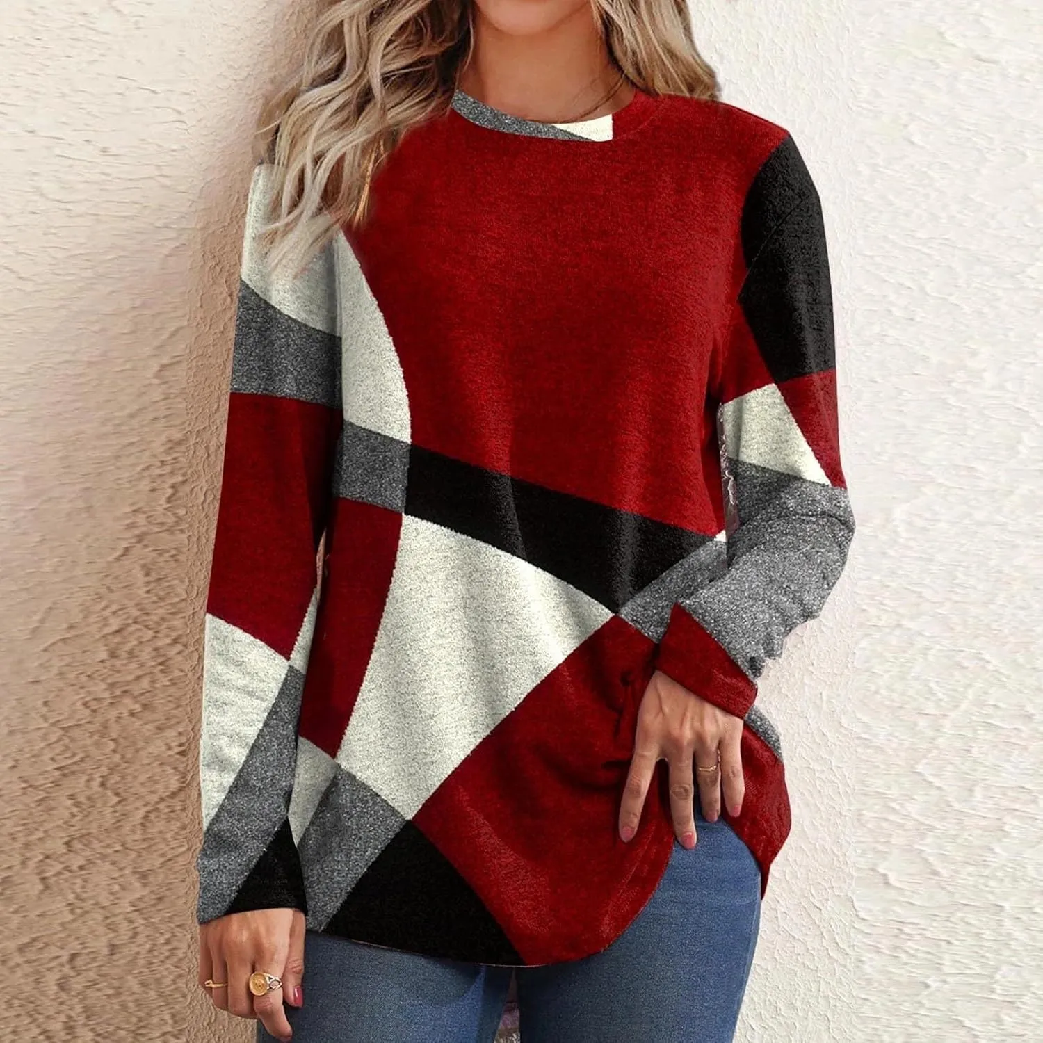 Lastesso Long Sleeve Tops for Women Fashion Irregular Color Block Print Shirts Comfy Crewneck Oversized Pullover Outfits
