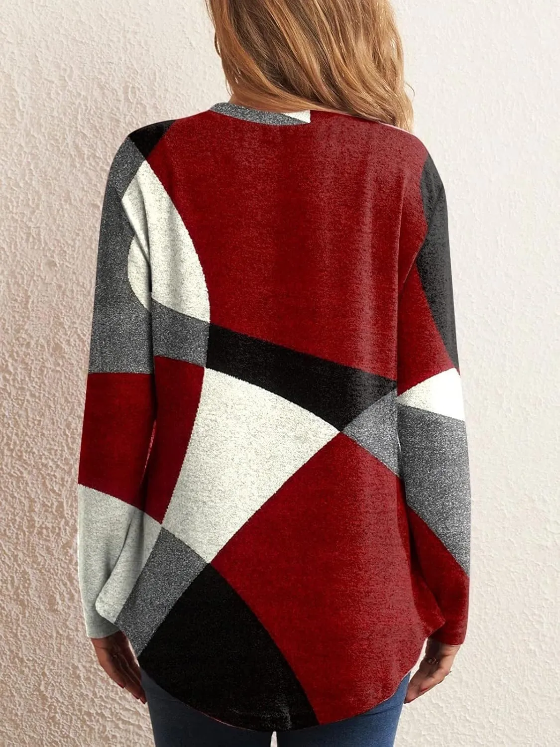 Lastesso Long Sleeve Tops for Women Fashion Irregular Color Block Print Shirts Comfy Crewneck Oversized Pullover Outfits