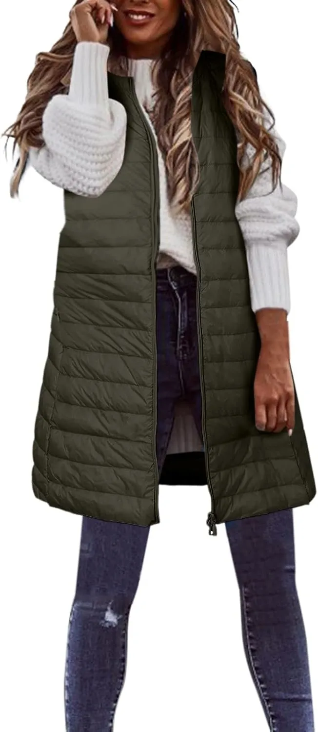 LCMTWX Black Puffer Vest Coat Vest With Hood Sleeveless Warm Down Coat With Pockets Quilted Vest Down Womens Long Puffer