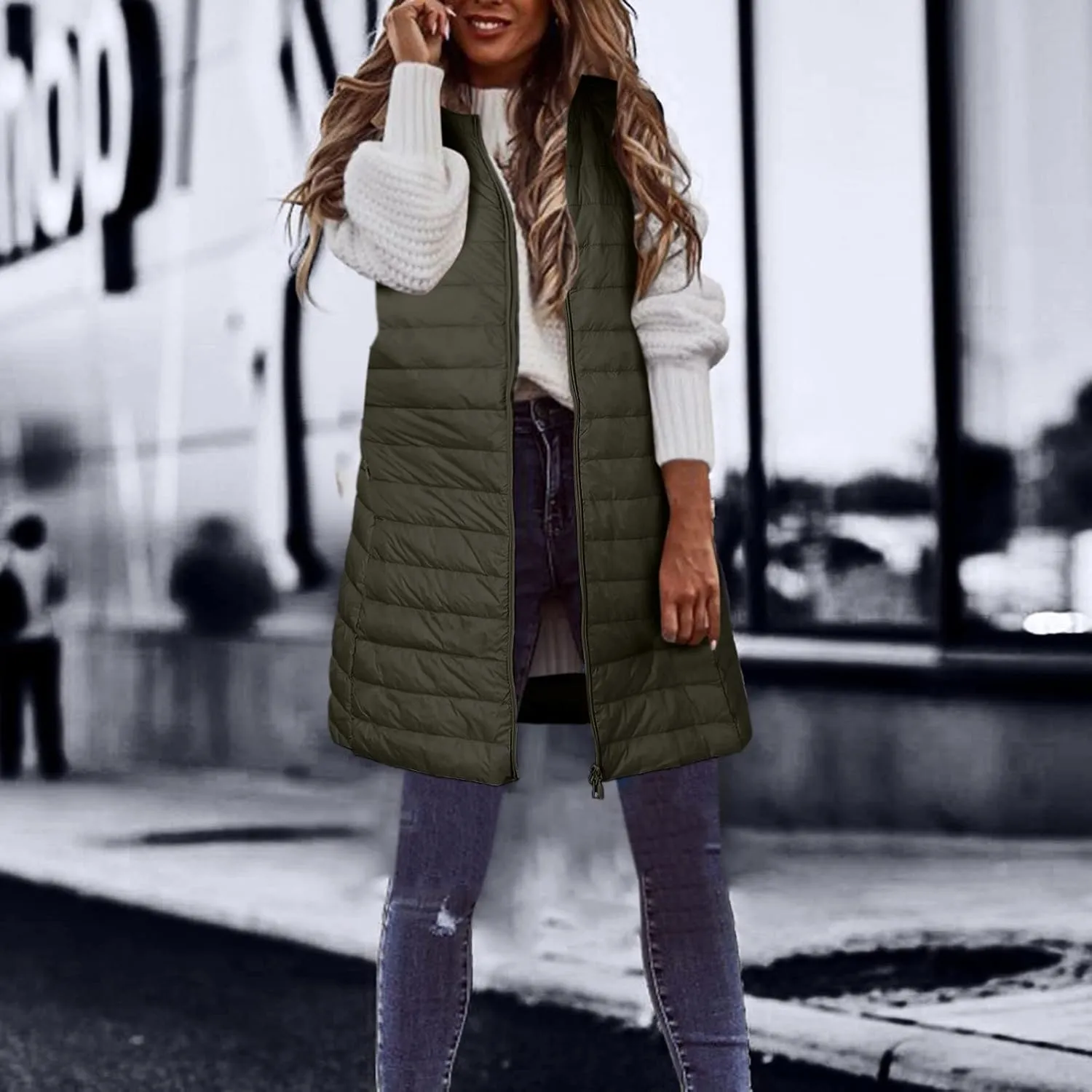 LCMTWX Black Puffer Vest Coat Vest With Hood Sleeveless Warm Down Coat With Pockets Quilted Vest Down Womens Long Puffer