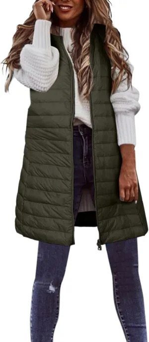 LCMTWX Black Puffer Vest Coat Vest With Hood Sleeveless Warm Down Coat With Pockets Quilted Vest Down Womens Long Puffer