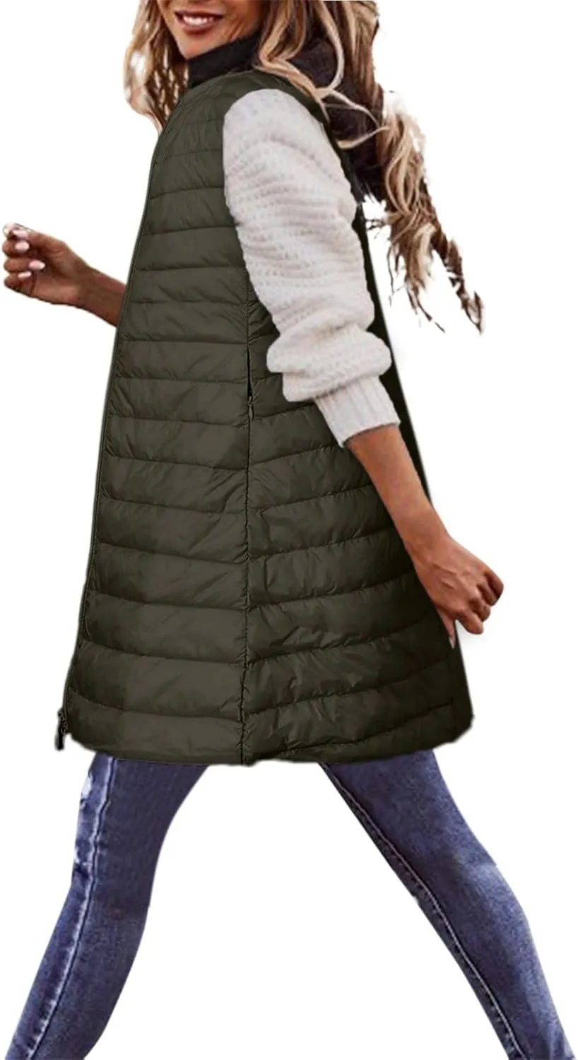LCMTWX Black Puffer Vest Coat Vest With Hood Sleeveless Warm Down Coat With Pockets Quilted Vest Down Womens Long Puffer