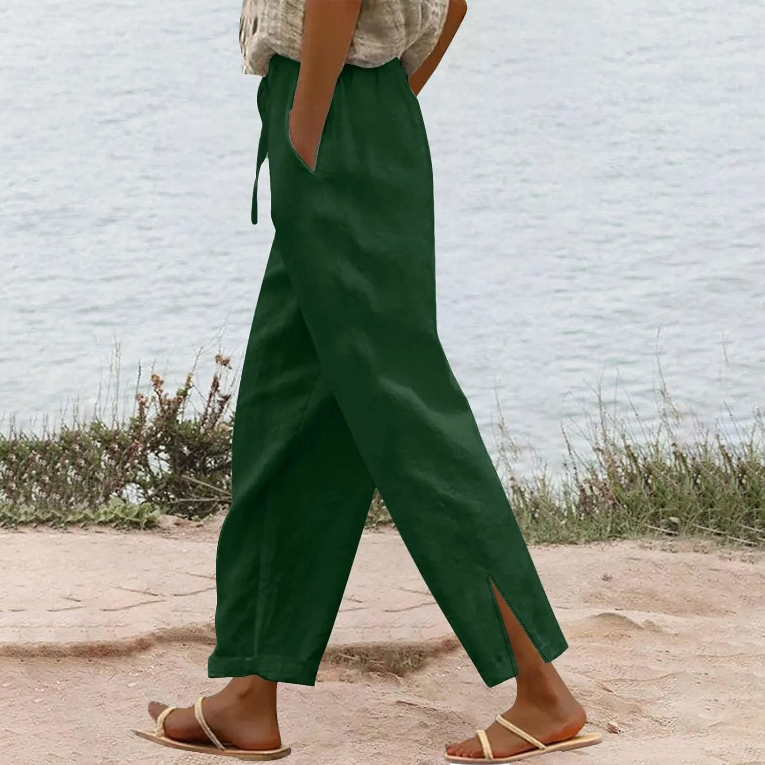 Linen Pants for Women 2025 Summer Elastic Drawstring Waist Straight Wide Leg Slit Trouser Causal Palazzo Fashion Pant