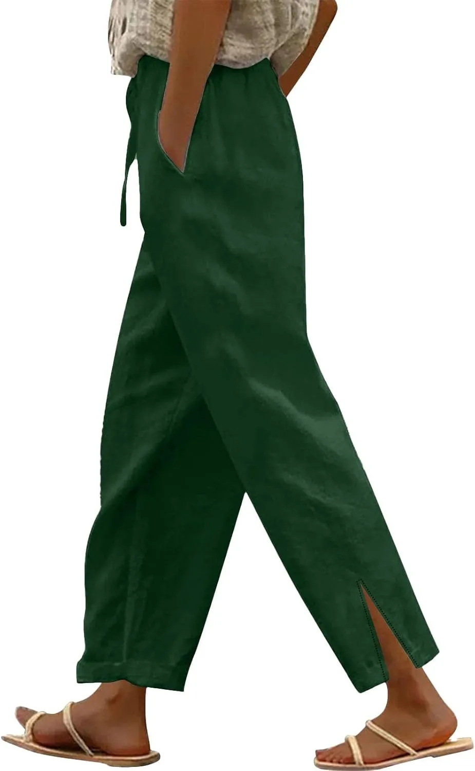 Linen Pants for Women 2025 Summer Elastic Drawstring Waist Straight Wide Leg Slit Trouser Causal Palazzo Fashion Pant