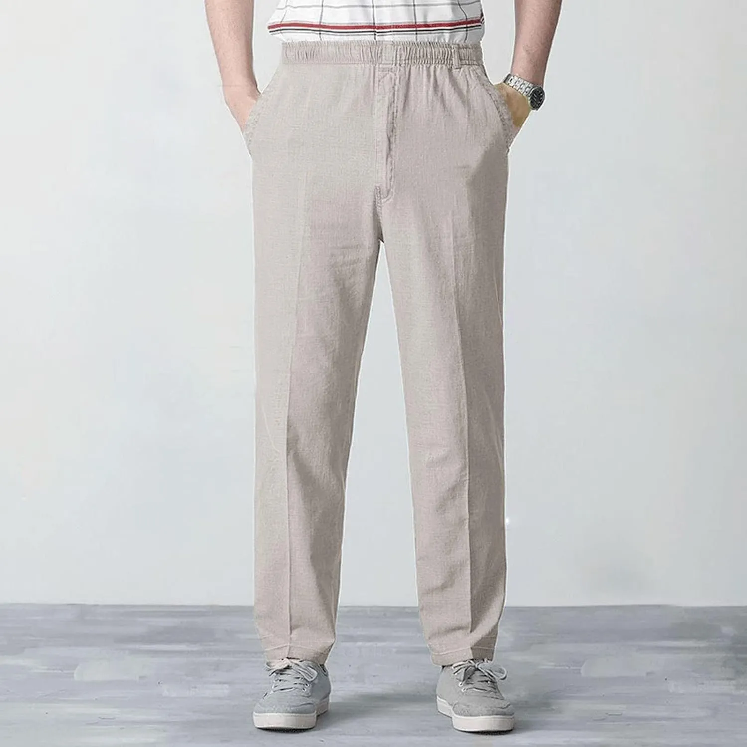 Linen Pants Men Big and Tall Elastic Waist Straight Wide Leg Baggy Trousers Plus Size Lightweight Slim Fit Casual Pants