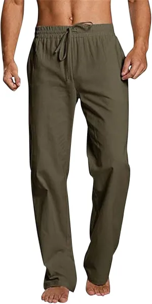 Linen Pants Men Drawstring Elastic Waist Pants Beach Summer Pants Lightweight Linen Trousers with Pockets