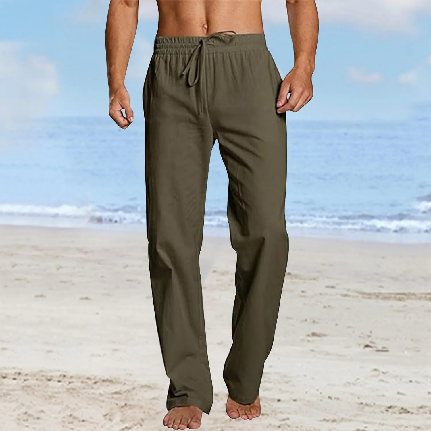 Linen Pants Men Drawstring Elastic Waist Pants Beach Summer Pants Lightweight Linen Trousers with Pockets
