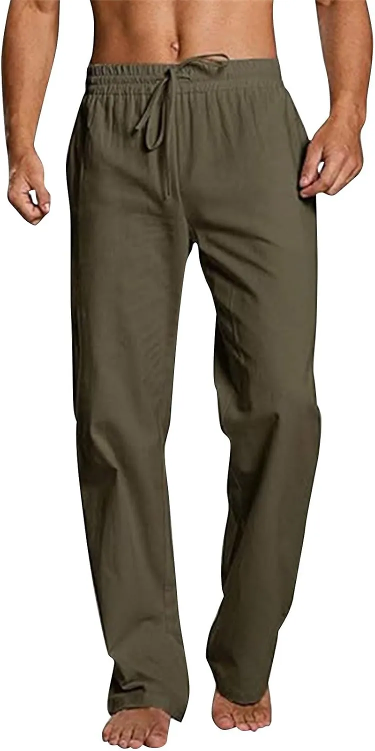 Linen Pants Men Drawstring Elastic Waist Pants Beach Summer Pants Lightweight Linen Trousers with Pockets