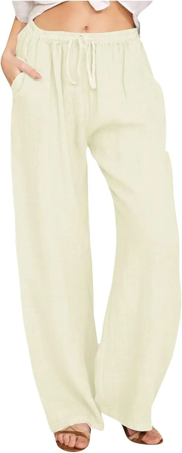 Linen Pants Women Vacation Casual Loose Drawsting Waist Pants Wide Leg Pants Cotton Linen Palazzo Pants with Pockets