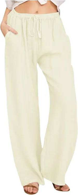 Linen Pants Women Vacation Casual Loose Drawsting Waist Pants Wide Leg Pants Cotton Linen Palazzo Pants with Pockets