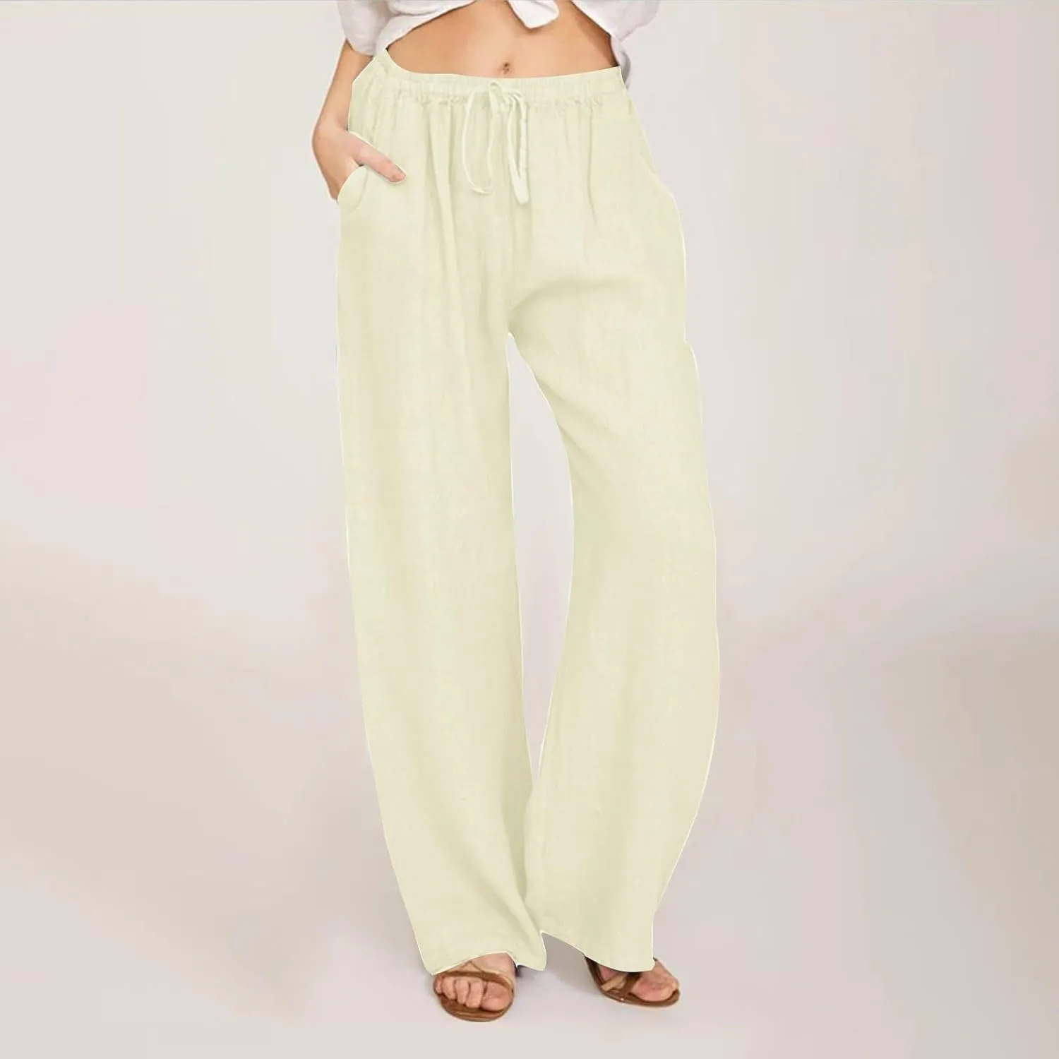 Linen Pants Women Vacation Casual Loose Drawsting Waist Pants Wide Leg Pants Cotton Linen Palazzo Pants with Pockets