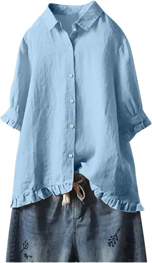Linen Shirts for Women Casual Button Down Half Sleeve Tops Soft Lightweight Boho Summer Blouse Trendy Hawaii T-Shirt