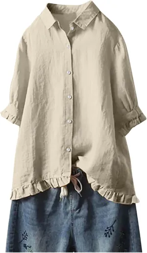 Linen Shirts for Women Casual Button Down Half Sleeve Tops Soft Lightweight Boho Summer Blouse Trendy Hawaii T-Shirt
