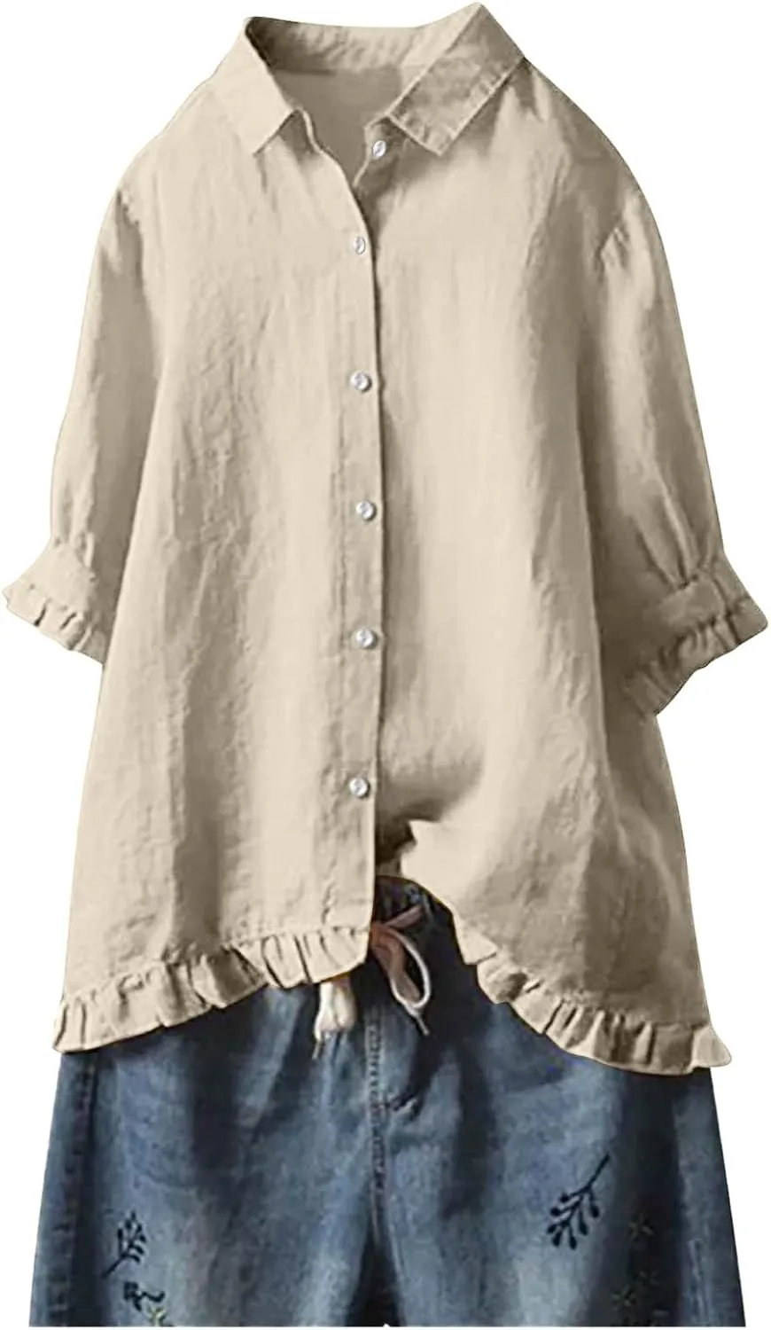 Linen Shirts for Women Casual Button Down Half Sleeve Tops Soft Lightweight Boho Summer Blouse Trendy Hawaii T-Shirt
