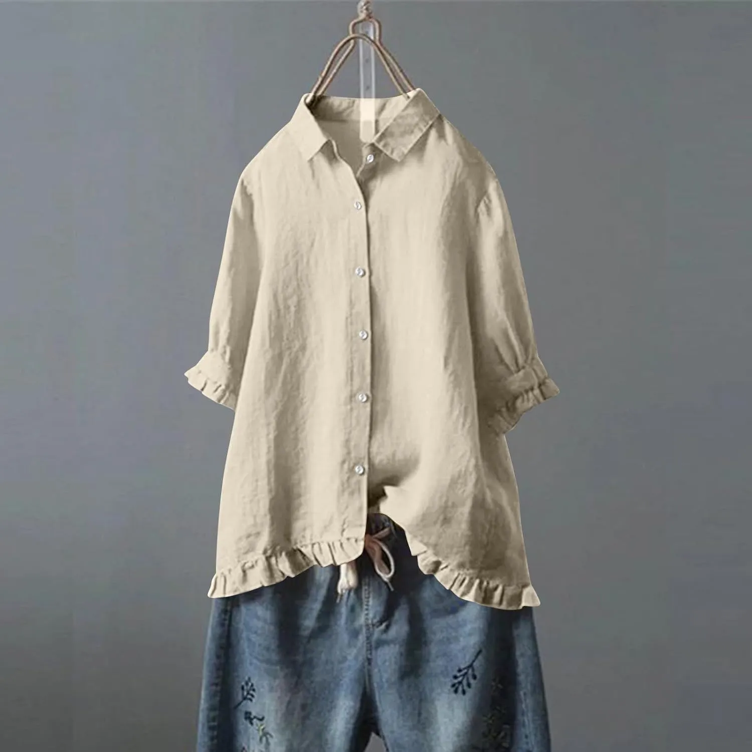 Linen Shirts for Women Casual Button Down Half Sleeve Tops Soft Lightweight Boho Summer Blouse Trendy Hawaii T-Shirt