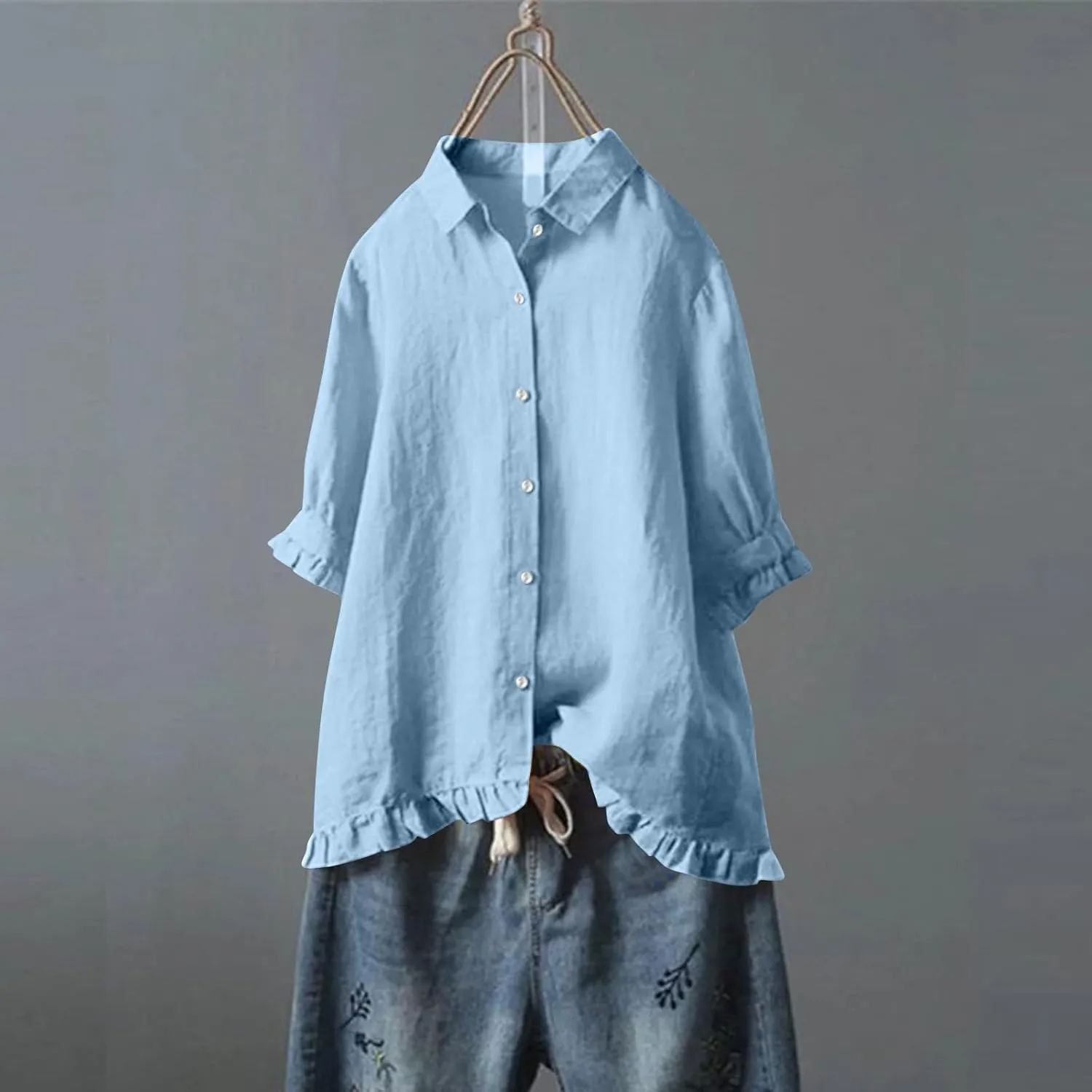 Linen Shirts for Women Casual Button Down Half Sleeve Tops Soft Lightweight Boho Summer Blouse Trendy Hawaii T-Shirt