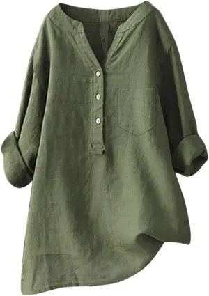 Linen Womens Clothing Lady Spring Outfits 100% Cotton Tank Tops, for Girls Female Blouses V Neck Casual Long Sleeve Tops