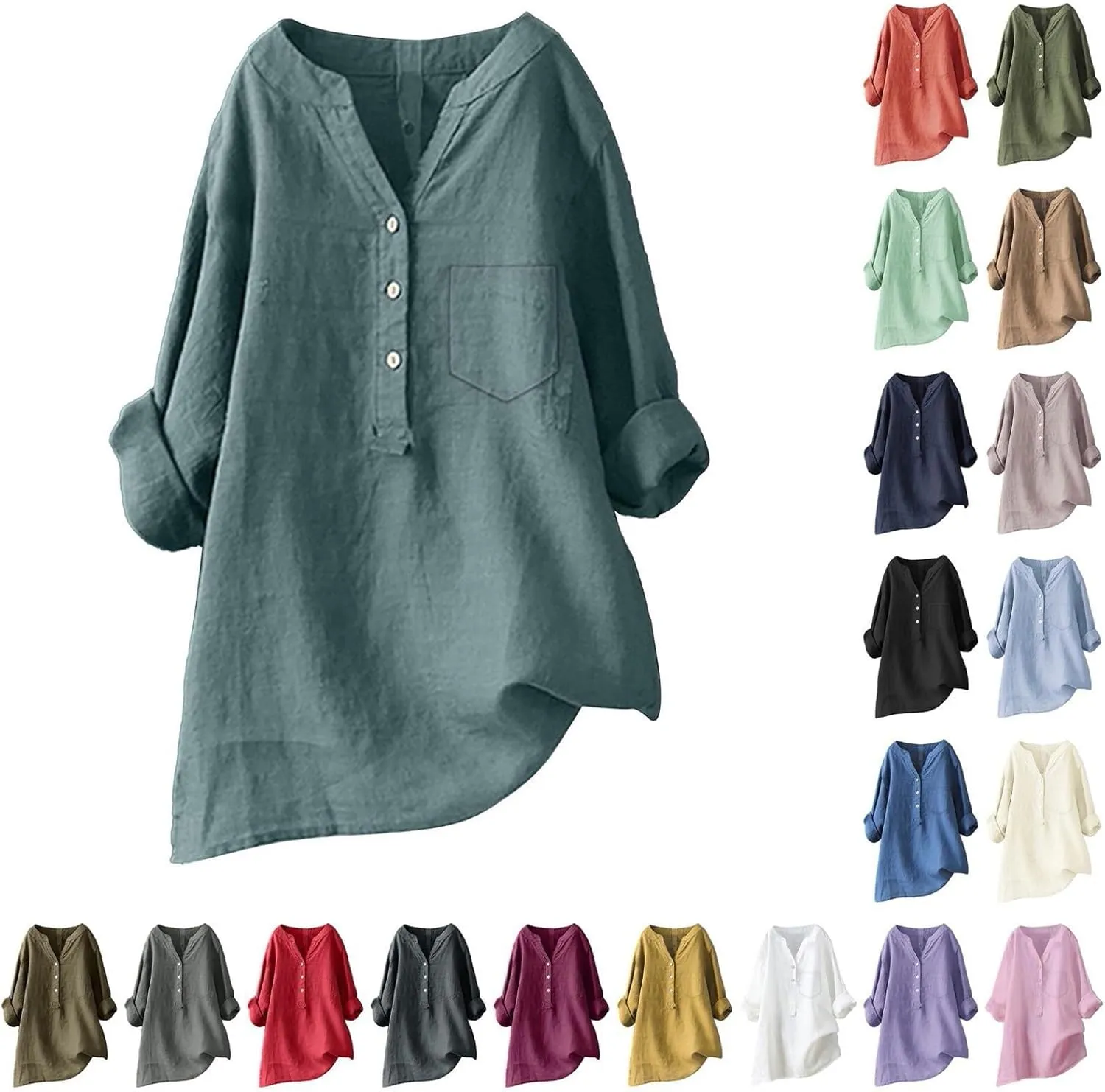 Linen Womens Clothing Lady Spring Outfits 100% Cotton Tank Tops, for Girls Female Blouses V Neck Casual Long Sleeve Tops