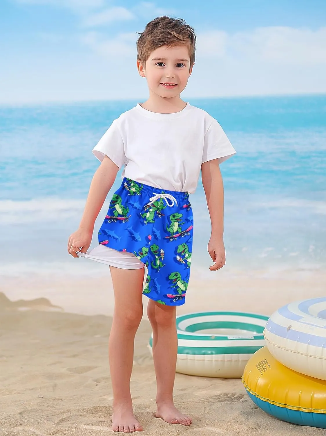 Little Boys Swim Trunks with Boxer Mesh Liner Swim Shorts Kids Quick Dry Bathing Suit Swimwear 4-12T