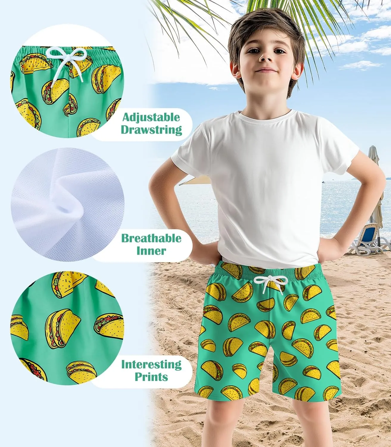 Little Boys Swim Trunks with Boxer Mesh Liner Swim Shorts Kids Quick Dry Bathing Suit Swimwear 4-12T