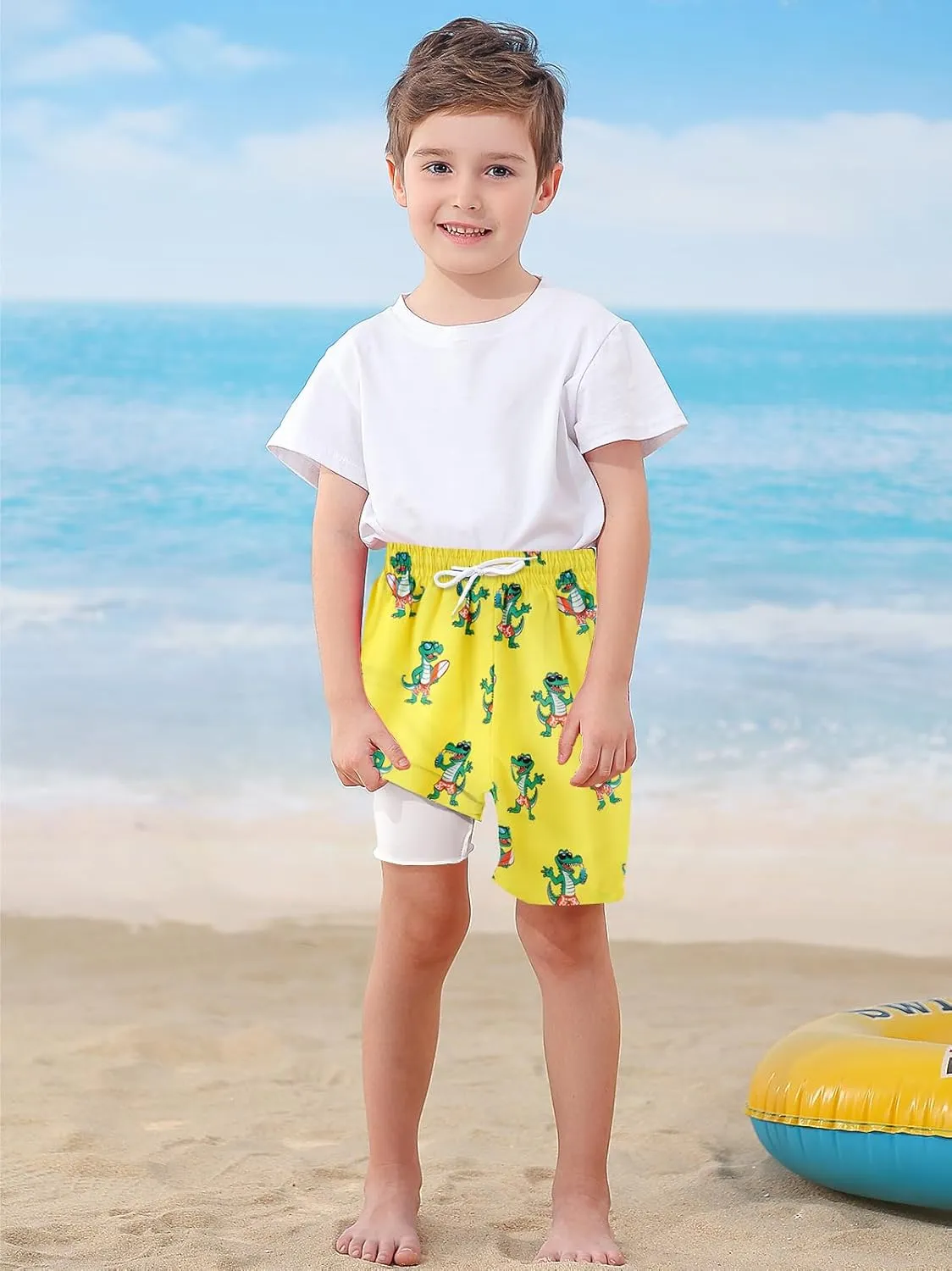 Little Boys Swim Trunks with Boxer Mesh Liner Swim Shorts Kids Quick Dry Bathing Suit Swimwear 4-12T