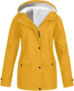 Lmdudan 2024 Trendy Waterproof Rain Jacket for Women Lightweight Zip Up Long Hooded Raincoat Outdoor Fleece Lined Trench Coat