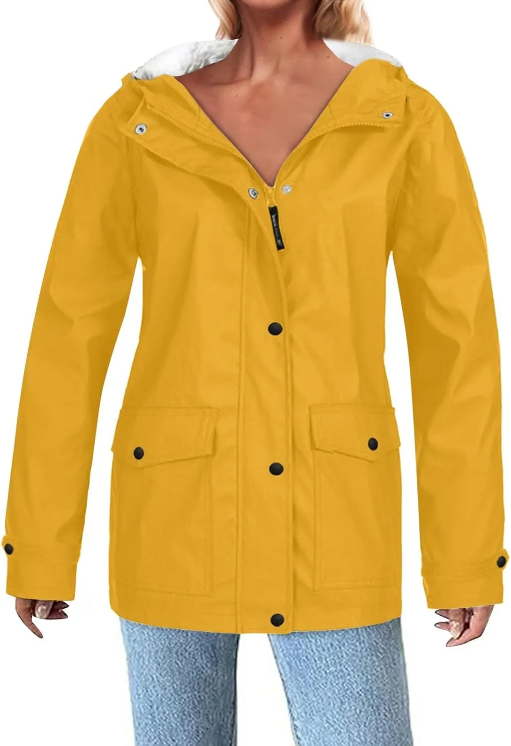 Lmdudan 2024 Trendy Waterproof Rain Jacket for Women Lightweight Zip Up Long Hooded Raincoat Outdoor Fleece Lined Trench Coat