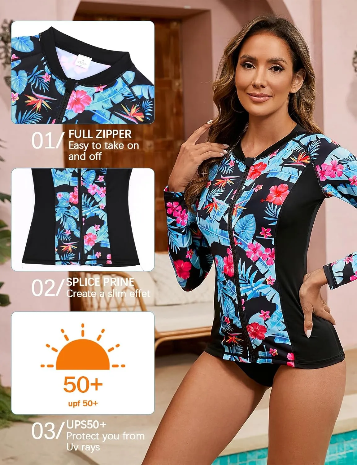 LURANEE Women's Zip Up Rash Guards for Women Long Sleeve Swimsuit UV Sun Protection Swim Shirts
