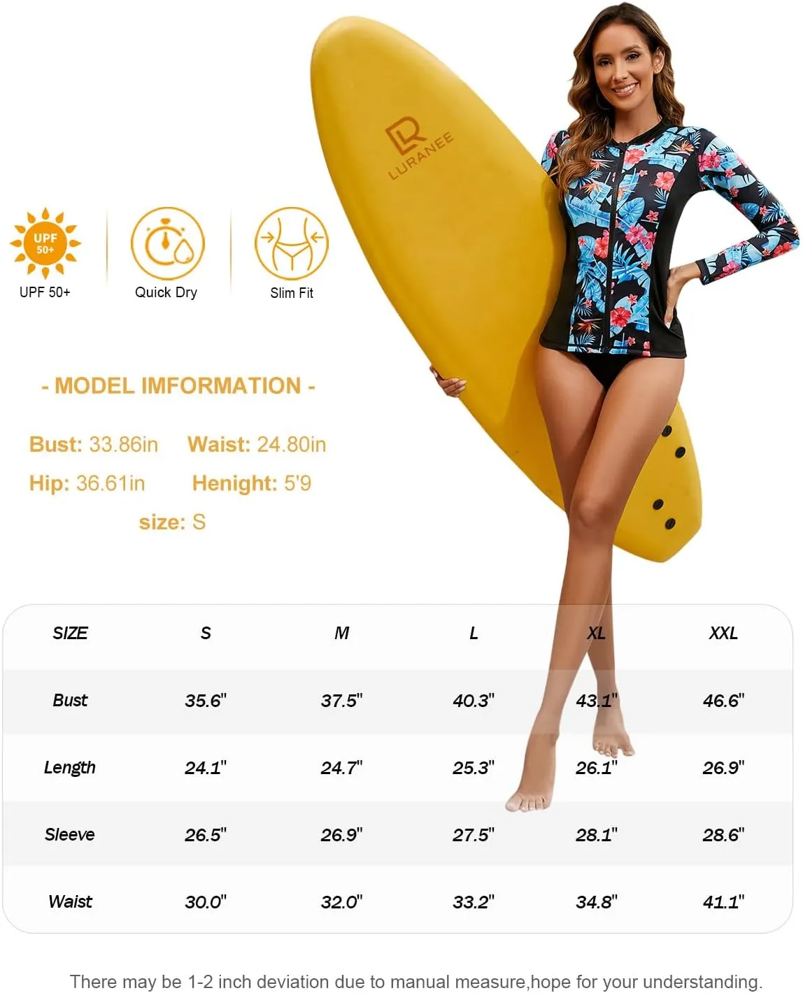 LURANEE Women's Zip Up Rash Guards for Women Long Sleeve Swimsuit UV Sun Protection Swim Shirts