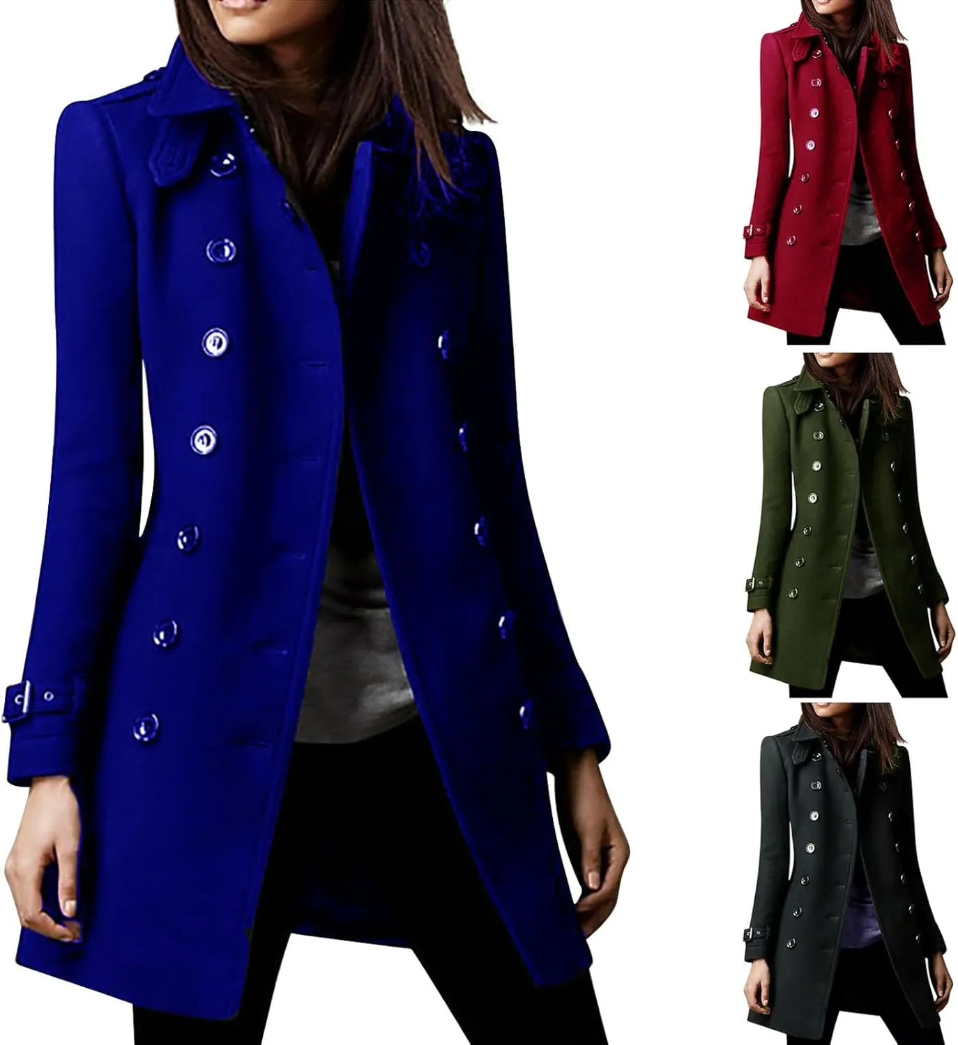 maisdgop Trench Coat for Women Long Sleeve Lapel Pea Coats Winter Double Breasted Windbreaker Casual Comfy Woolen Overcoat