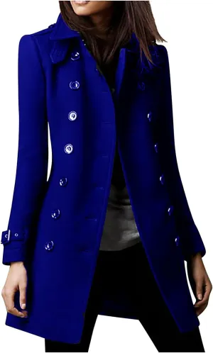 maisdgop Trench Coat for Women Long Sleeve Lapel Pea Coats Winter Double Breasted Windbreaker Casual Comfy Woolen Overcoat