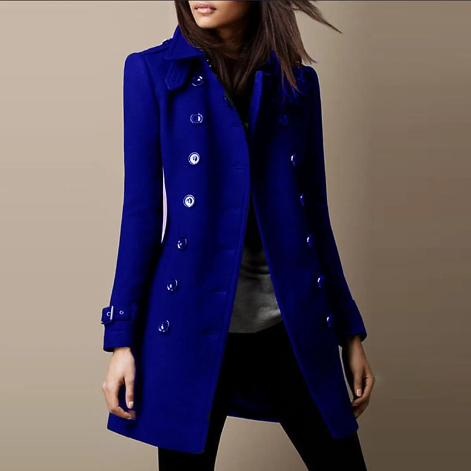 maisdgop Trench Coat for Women Long Sleeve Lapel Pea Coats Winter Double Breasted Windbreaker Casual Comfy Woolen Overcoat