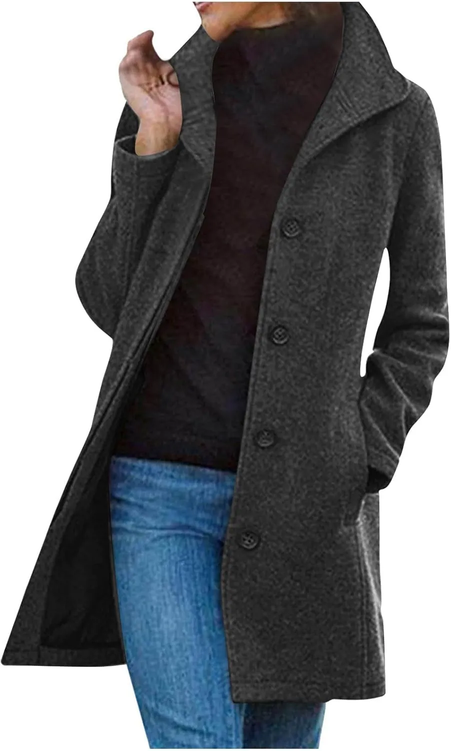 maisdgop Trench Coat Women Faux Wool Single Breasted Pea Coat Mid Length Jackets Oversized Loose Long Sleeve Windbreaker