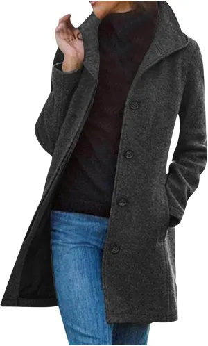 maisdgop Trench Coat Women Faux Wool Single Breasted Pea Coat Mid Length Jackets Oversized Loose Long Sleeve Windbreaker