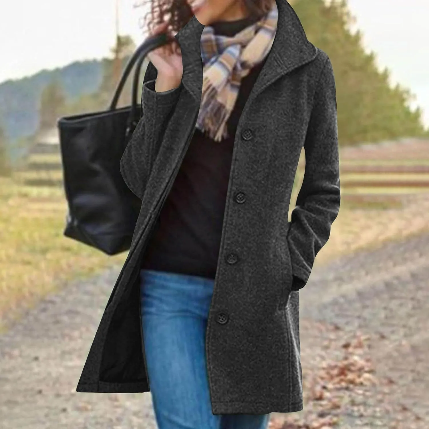 maisdgop Trench Coat Women Faux Wool Single Breasted Pea Coat Mid Length Jackets Oversized Loose Long Sleeve Windbreaker