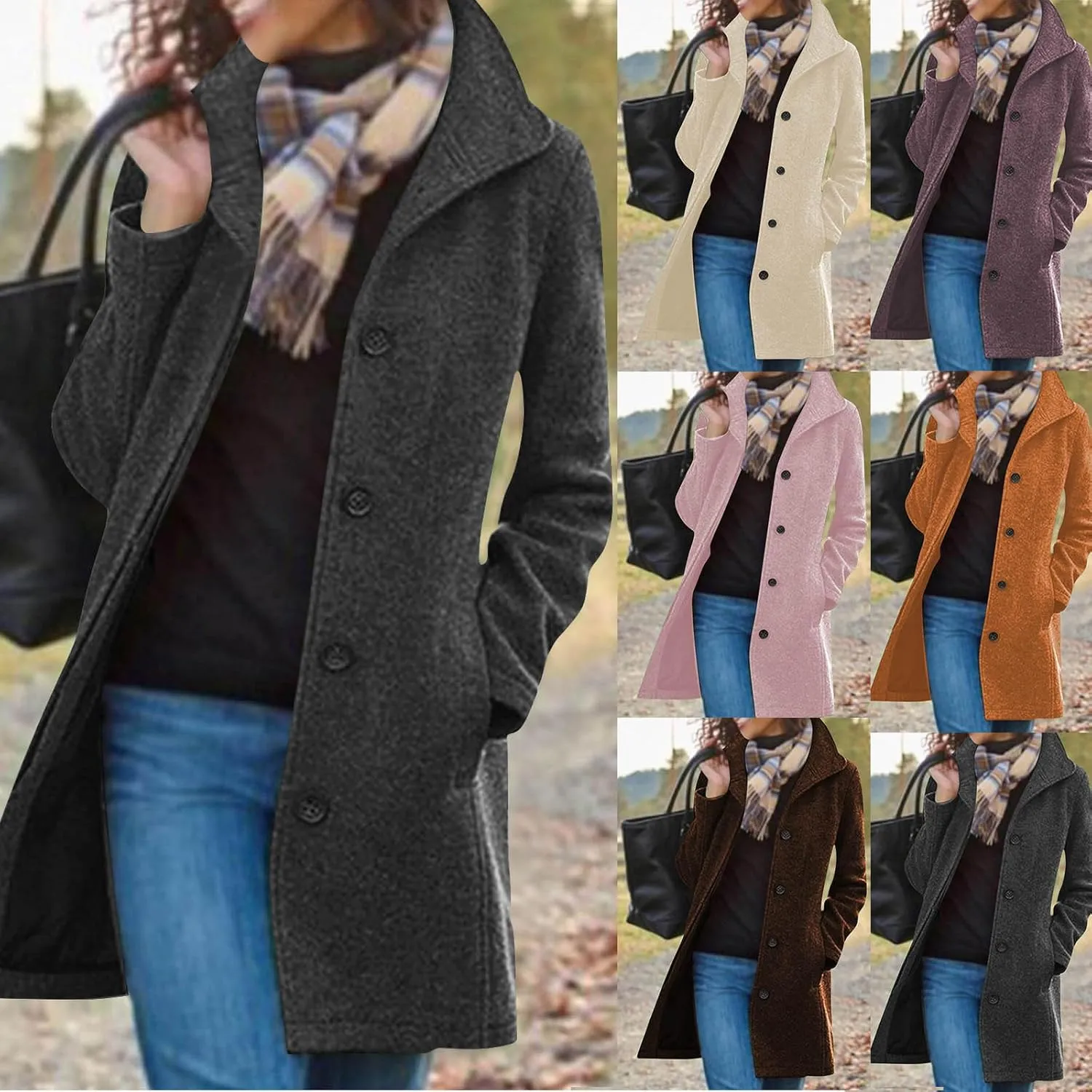 maisdgop Trench Coat Women Faux Wool Single Breasted Pea Coat Mid Length Jackets Oversized Loose Long Sleeve Windbreaker