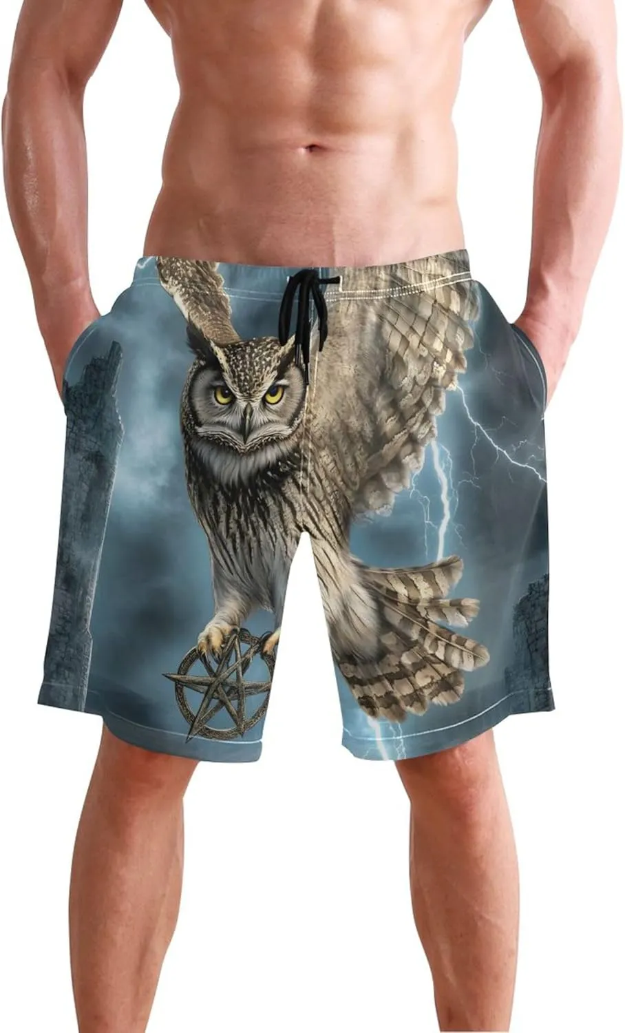 Majestic Owl Full Moon Swimming Shorts Beach Custom Cute Swim Trunks Men Quick Dry Elastic Waist S